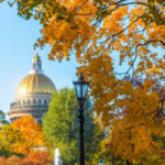 St.,Isaac’s,Cathedral,In,Autumn,,Yellow,Orange,Leaves,,Street,Lights,